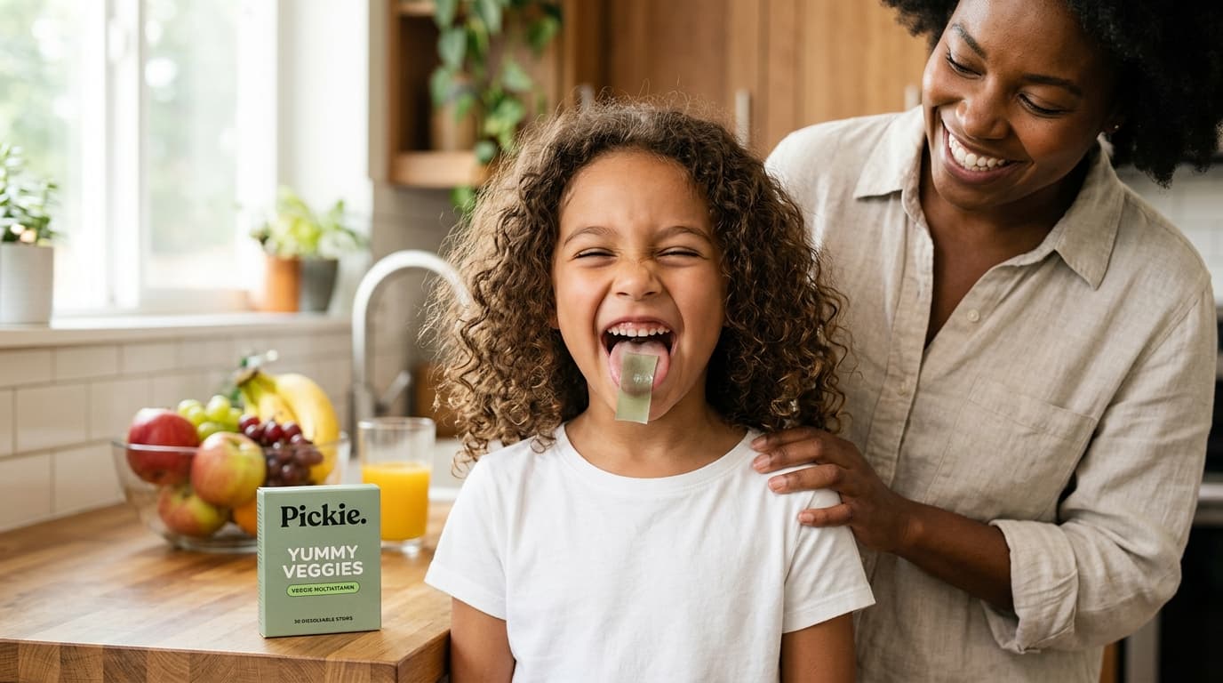 Girl laughing while taking a Pickie dissolving vitamin strip