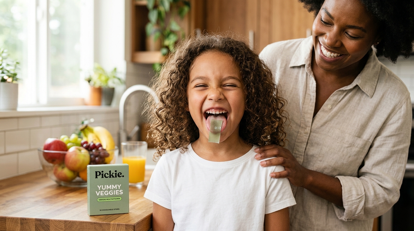 Pickie homepage: girl taking a dissolving vitamin strip